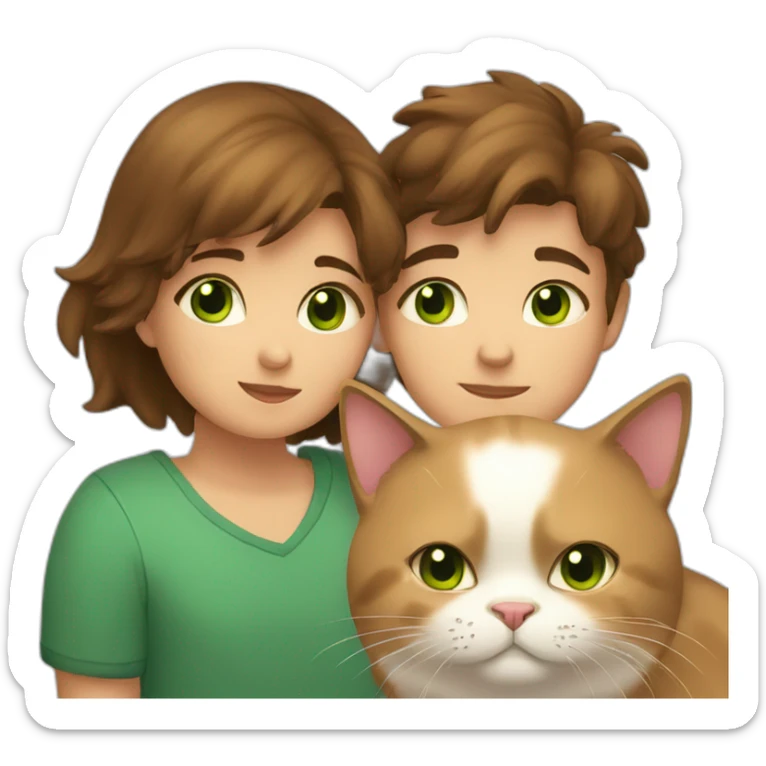 Girl with brown eyes and brown short hair kisses boy with long brown hair and green eyes and hugs brown fat cats sticker