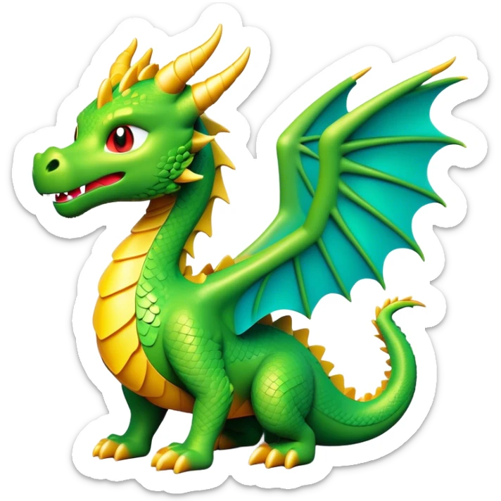 Clash of Clans aesthetic: Cinematic Playful Dragon Emoji, rendered in a 3D vector-style similar to standard emojis with minimal shading and bold, simplified shapes. A compact, isometric dragon with majestic wings and intricately scaled details, softly glowing with a legendary, mythical charm. Simplified yet unmistakably iconic, highly detailed and consistent, glowing with a soft radiant brilliance and high shine. Stylized with a touch of fantastical might and a soft glowing outline, capturing the essence of a mighty dragon with a friendly, playful demeanor! sticker