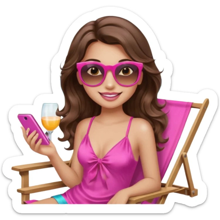 girl with long wavy brown hair, brown eyes, long lashes makeup, sexy pink lips, smiling, light to medium complexion, wearing a pink sexy silk top, relaxing in a beach chair  sticker