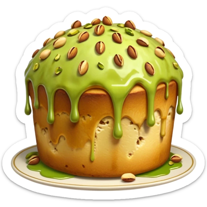 panettone con glassa al pistacchio che scende lungo i bordi e pistacchi come decorazione sticker