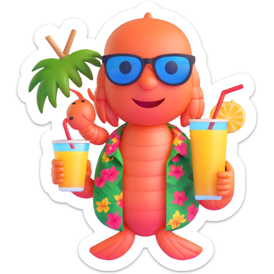 shrimp on vacation wearing sunglasses and a hawaiian shirt, holding a tropical drink, relaxing on a beach, memoji style sticker