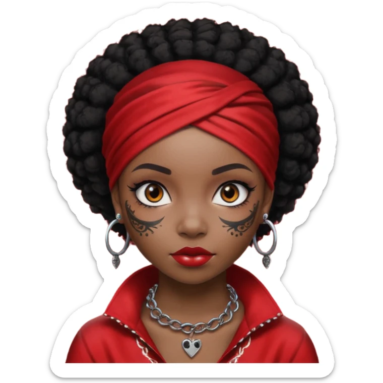 black afro hair with red head bandana and lots of face tattoo black skin girl sticker