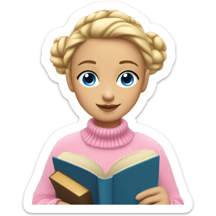 girl in a pink sweater, blonde with a bun and blue eyes, reads a book sticker