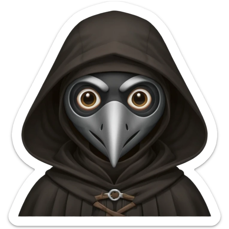 plague doctor
hooded cloak - dark black/charcoal
cute, simplified style
happy expression sticker