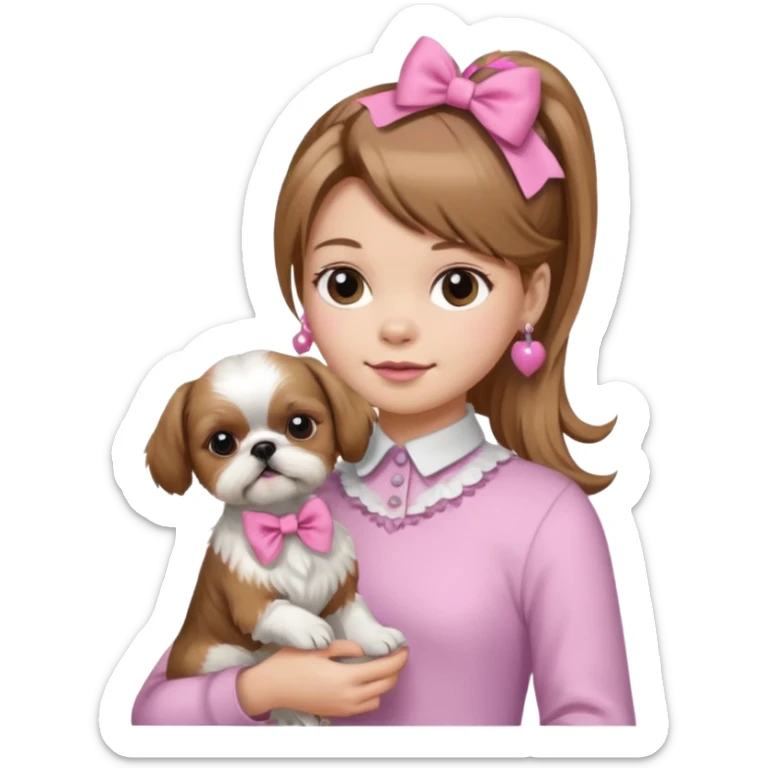 Human girl with light brown hair holding shih tzu with a pink bow with a ponytail on the dog  sticker