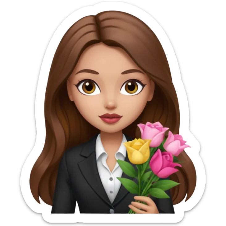 corporate pretty bratz baddie, long brown hair holding flowers sticker
