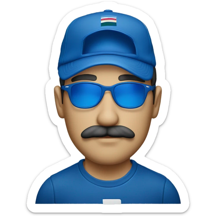Homme européen yeux bleus avec une moustache portant des lunettes bleues  une casquette jordan bleu un survêtement bleu sticker
