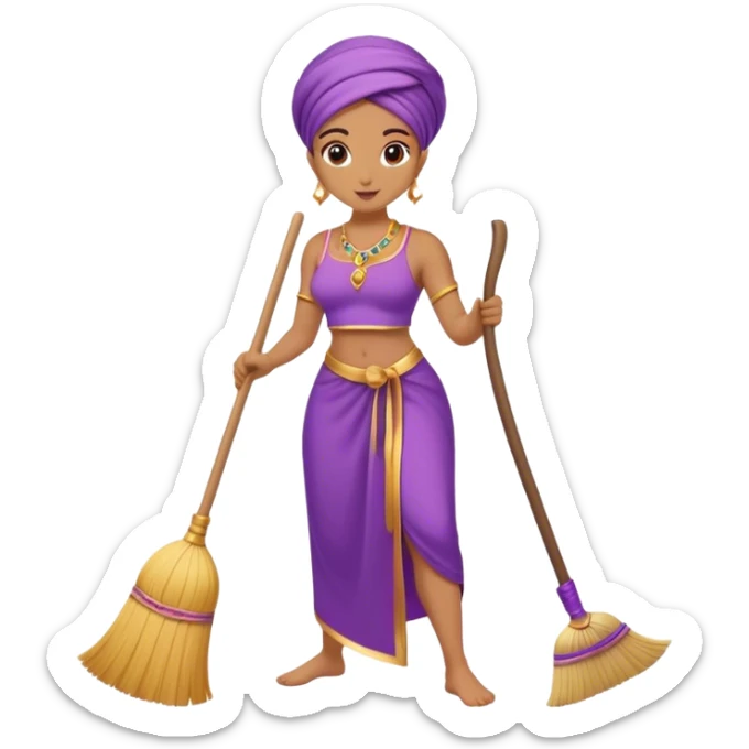 genie cleaning up, genie with a broom, genie sweeping the floor, no artifacts, no extras, two arms, one broom, purple clothing sticker