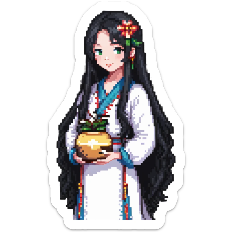 Beautiful girl with long black hair holding a jianghuangsed sticker