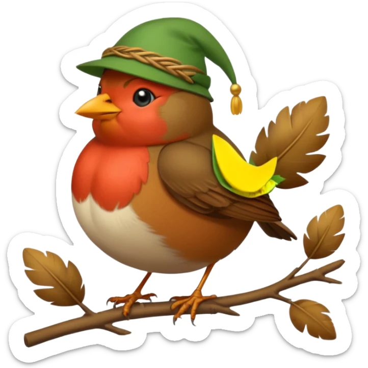 a cute and simple cartoon of a fat robin bird that has a green hat like robin hood sticker