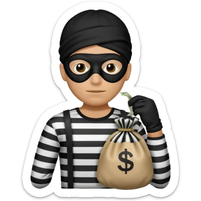 Crea un ladrón con un sombrero de delincuente y un saco de dinero, el ladrón tiene una camisa de rayas negras y blancas y el rostro un antifaz color negro. sticker