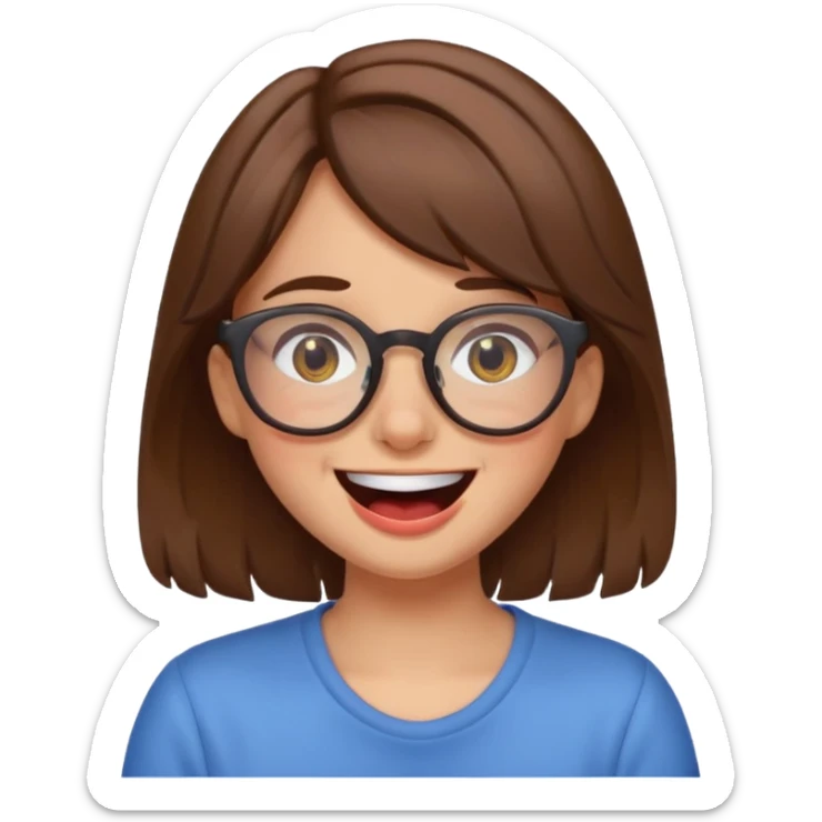 funny girl with brown hair and glasses, laughing tears expression, Discord emoji style sticker