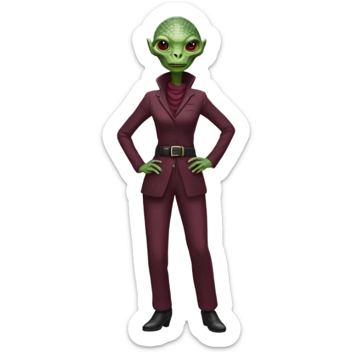 a Reptilian alien woman, full body, inBurgundy buckle dress pants sticker