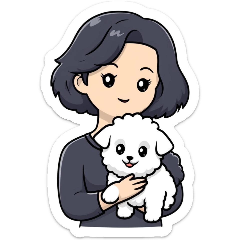 woman with long black hair holding white fluffy Bichon Frise dog sticker