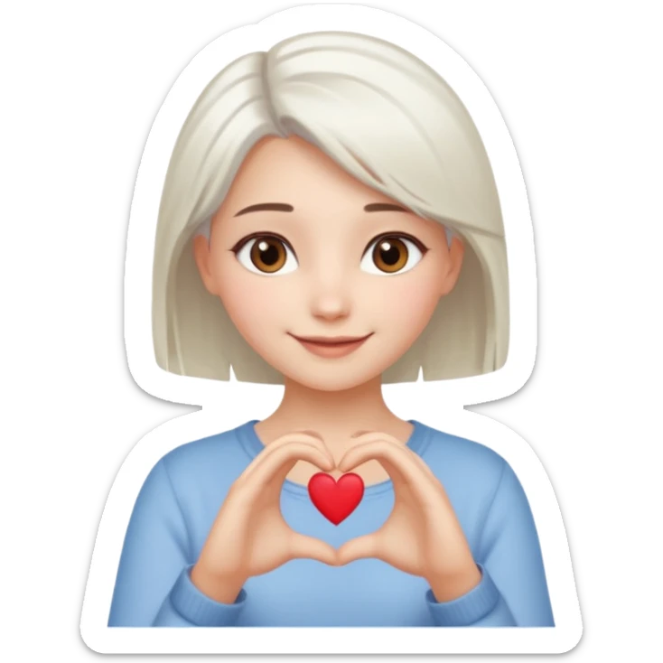 Beautiful girl. Platinum-colored hair just below the shoulders, straight, brown eyes, sweet smile. Hands in the shape of a heart. sticker