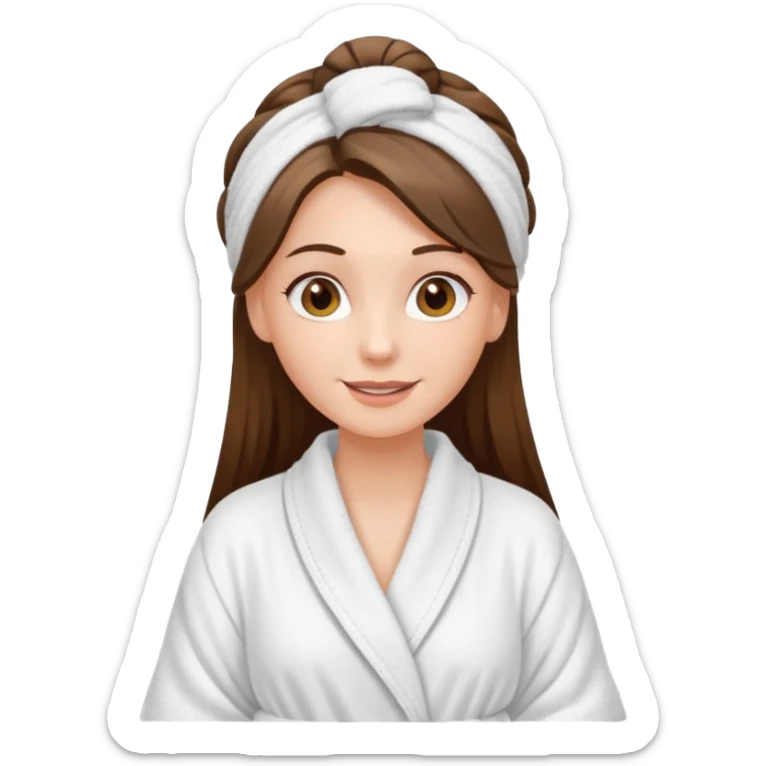 happy white long brunette hair girl with hazel eyes in a bathrobe and her hair tied up in a towel sticker