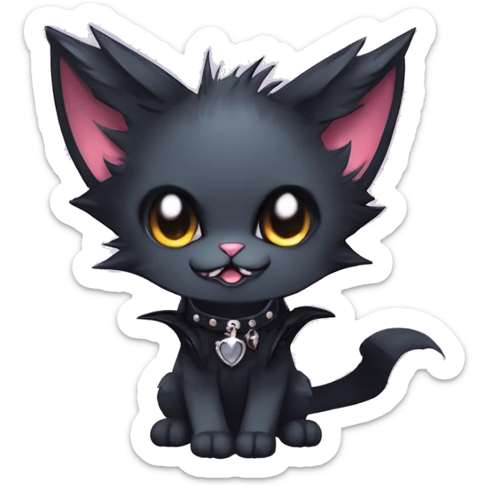   cool edgy kawaii anime-style ethereal dark-punk-themed animal vampiric cat-hybrid Fakemon with fangs and bat-wing-ears with a collar full body sticker
