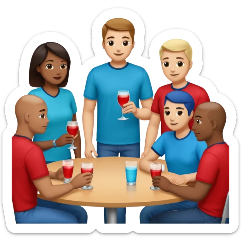 Ten adults in casual clothing with red, aqua and blue shirts, some with drinks chatting at an afterwork meeting sticker