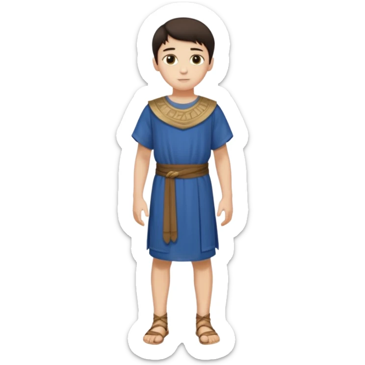 Niño: niño entre ⅞ años y 10/14 años, delgado, blanco de piel, moreno, ojos ni muy claros ni muy oscuros, bueno y simpático. cuerpo entero, época púnica sticker