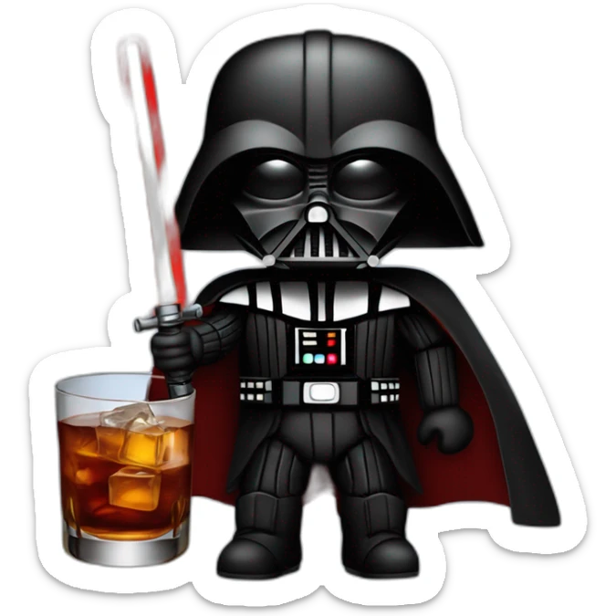 Darth Vader with a red lightsaber in his right hand and a scotch whiskey glass in his left hand sticker