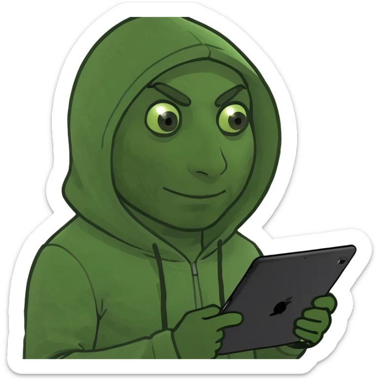 a man with a hoodie, holding an iPad, memoji style, minimal background sticker
