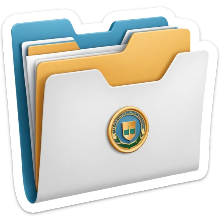 A simple emoji-style icon of a white textured paper folder, clean and formal, with sharp edges, minimal shading, and an embossed university degree/certification seal on the front, conveying academic achievement and official records. white white white  sticker