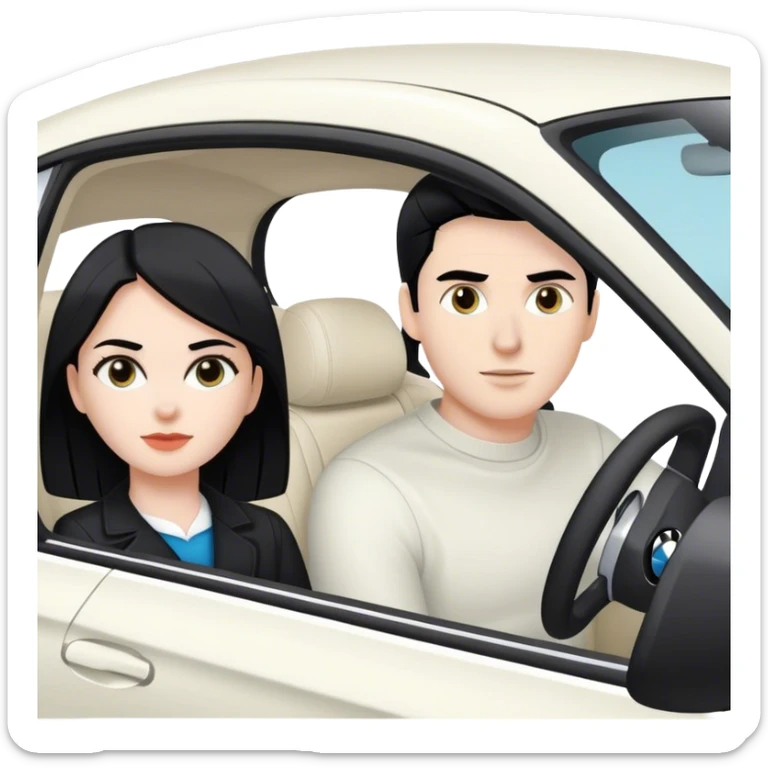 white girl with black hair with a white guy with black hair in bmw white car sticker