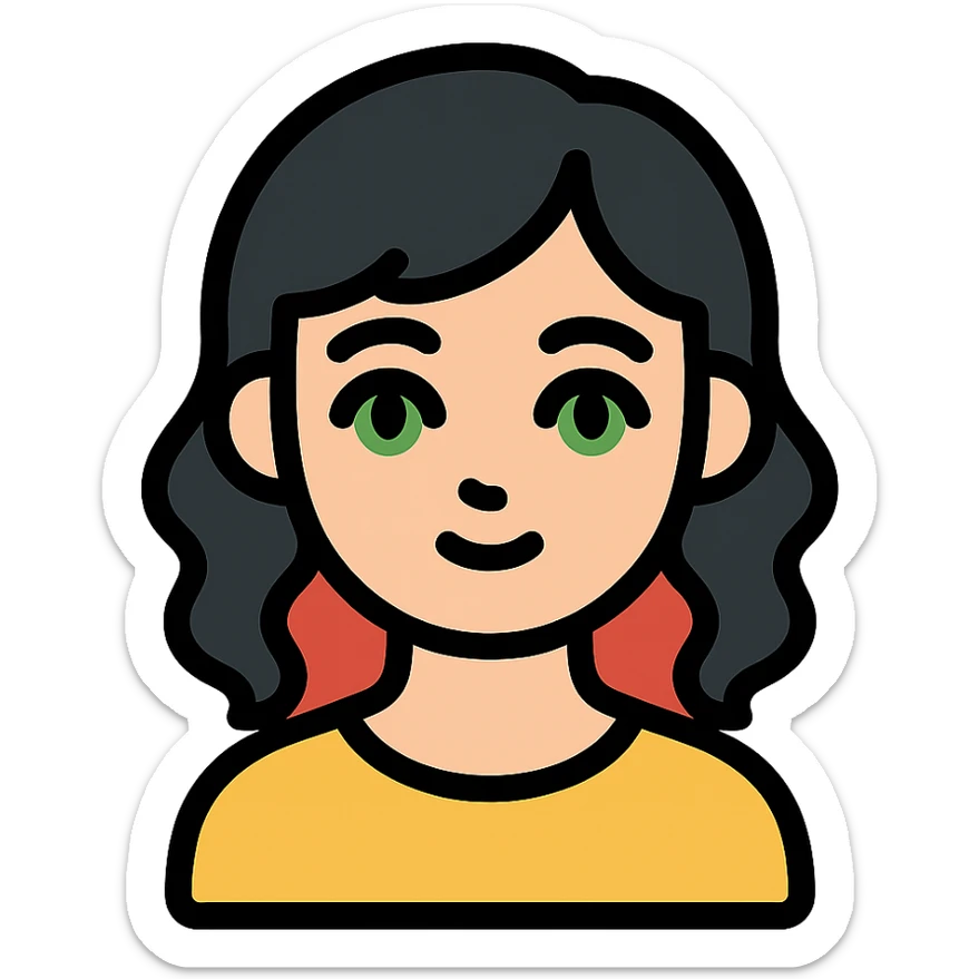 girl with green eyes, white skin, wavy black hair, red hair at the back of her neck sticker