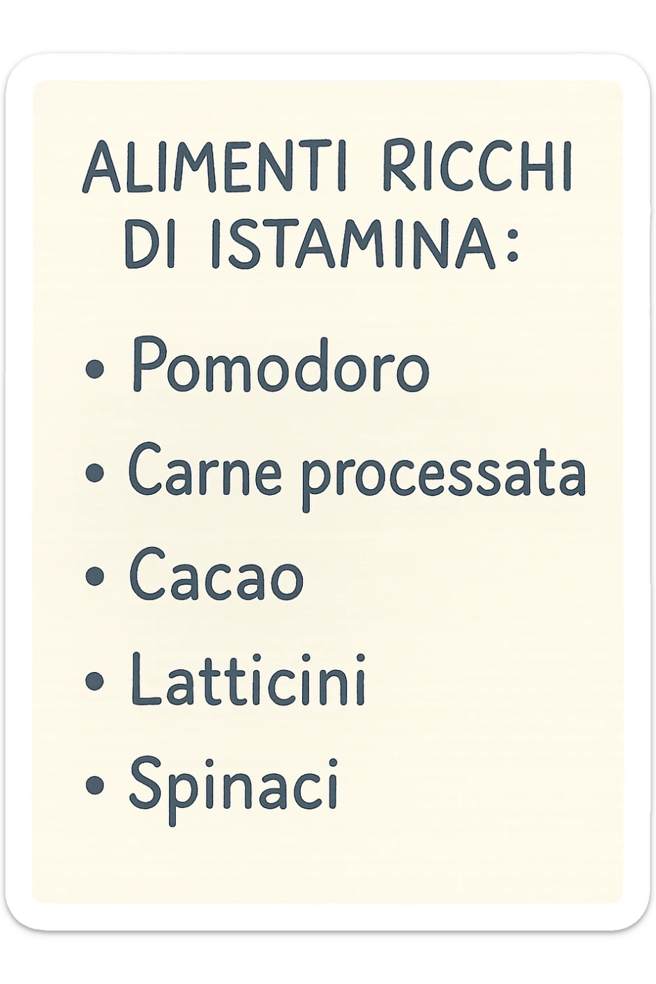 emoji di un foglio di carta con lista di alimenti ricchi di istamina scritti a penna:
ALIMENTI RICCHI DI ISTAMINA:
- Pomodoro
- Carne processata
- Cacao
- Latticini
- Spinaci sticker