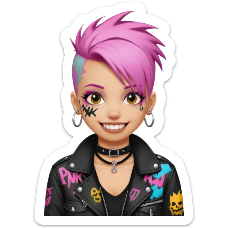 a punk girl with dyed hair and wear a punk graffiti jacket with black choker grin playfully  sticker