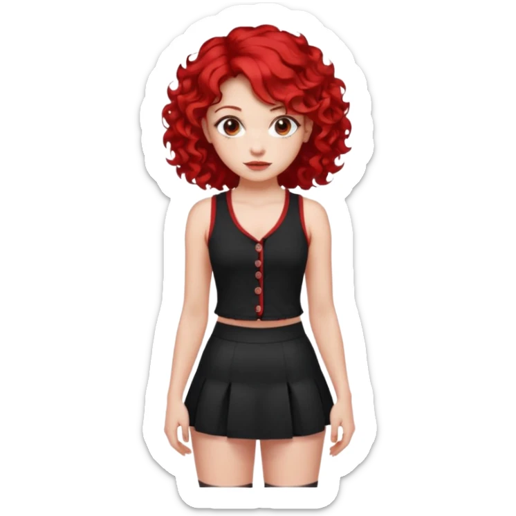 red haired girl with 2 big curls on the sides of her hair with a button up black tank top with red accents and a short skirt with red end sticker