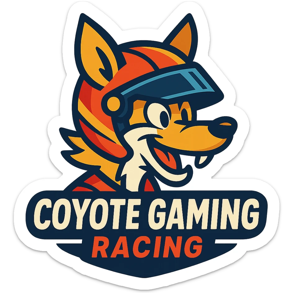 Coyote Gaming Racing logo in vibrant toon style, with a coyote character wearing a racing helmet sticker