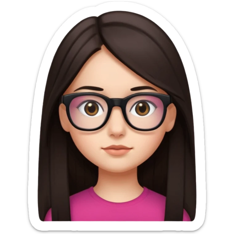 une ado, brune aux cheuveux tres fonces longs lisses blanche, ,lunettes carres noires, yeux bruns fonces joues rose sticker