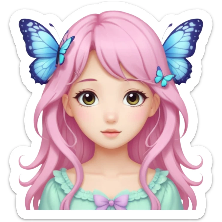 Cute kawaii gorgeous pretty anime cartoon pastel lady with butterflies and beautiful hair fairycore cottagecore sticker