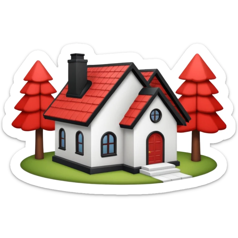 Dom z czarnym dachem i biała elewacja ze wstawkami z czerwonej cegły.Na drugim planie las. sticker