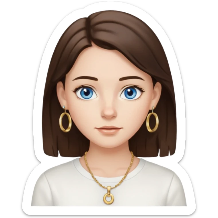 Create an emoji of a pretty white Girl with brunette hair blue eyes faint freckles and medium length hair wearing a white shirt with gold hoop earrings and a gold necklace  sticker