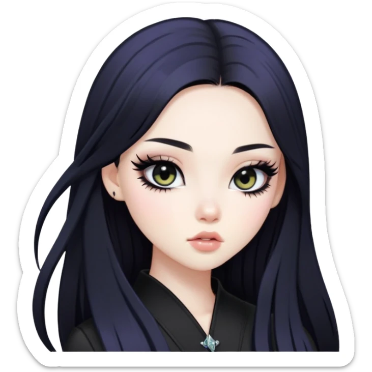 straight black long hair, korean pale skin skin, black iris, pretty bratz baddie, black eyeliner sticker