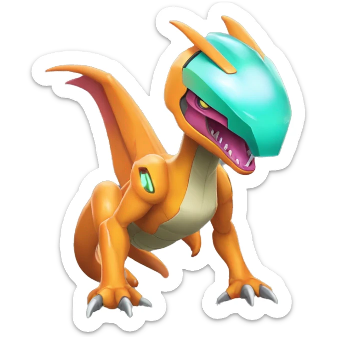 a shiny Genesect-Charizard-Raptor-Fakémon—hybrid with a futuristic visor-helmet full body sticker
