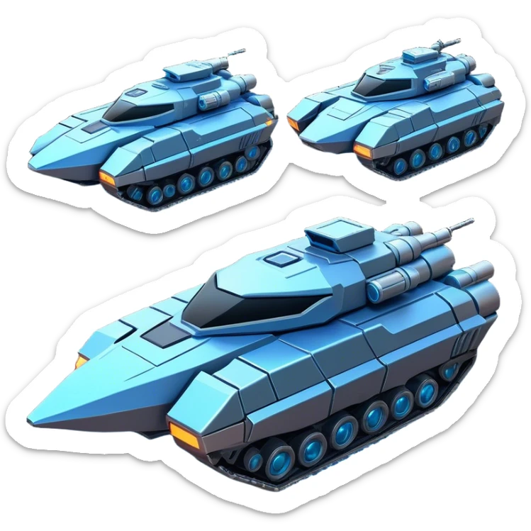 Clash of Clans aesthetic: Cinematic heroic Space Tank Emoji, rendered in a 3D vector-style similar to standard emojis with minimal shading and bold, simplified shapes. A robust, isometric armored vehicle with sleek futuristic plating and energy cannons, softly glowing with a high-tech cosmic combat charm. Simplified yet unmistakably iconic, highly detailed and consistent, glowing with a soft radiant shine and high gloss. Stylized with a touch of intergalactic warfare and a soft glowing outline, capturing the essence of a futuristic battle machine with a friendly, playful spirit! sticker