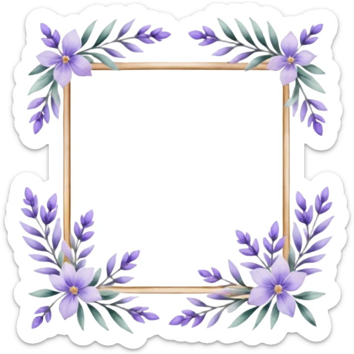 The art style is clean line art with delicate watercolor textures, pastel colors, and a dominant palette of lavender, soft lilac, and muted purple.  Delicate frame to border text sticker