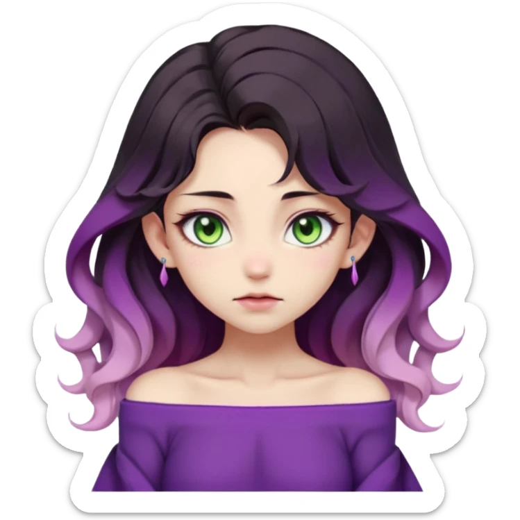 1 girl, long beautiful wavy black-brown-beige-gradients hair, vibrant and soft color palette, pointy ears, violet clothing, green eyes, slit pupils, young, skinny, japanese themed, pastel, dark, gloomy, edgy, shy expression, blush, (off shoulder) sticker