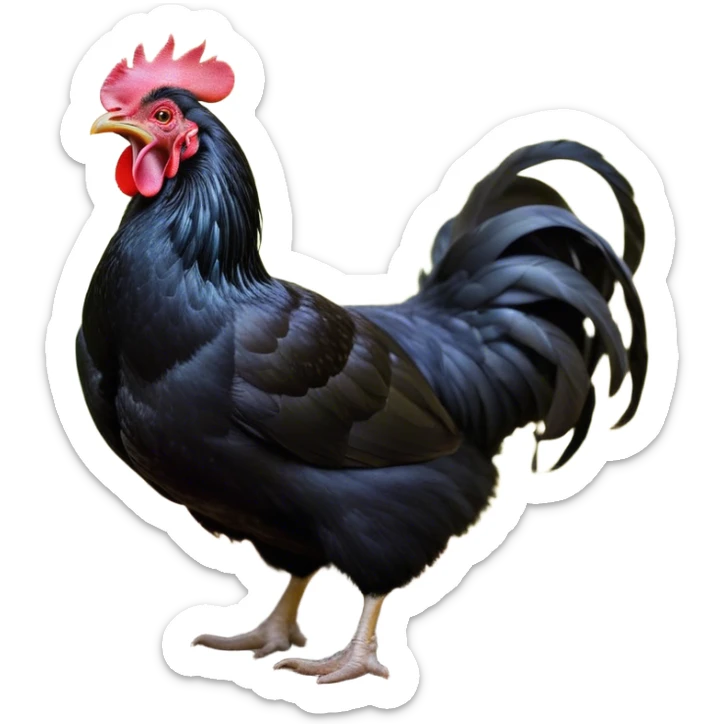 Cinematic Cute Yawning Black Chicken Portrait Emoji, Head tilted slightly with a dramatic, wide-open yawn, showcasing a soft, glossy black plumage with subtle hints of iridescence and a distinctive red comb, floppy wings slightly drooping, round beady eyes barely open in drowsy contentment, Simplified yet irresistibly adorable features, highly detailed, glowing with a soft, cozy glow, high shine, relaxed yet expressive, stylized with a touch of whimsy, bright and endearing, soft glowing outline, capturing the essence of a sleepy yet affectionate chicken, so drowsy it feels like it could stretch out of the screen and curl up for a nap! sticker