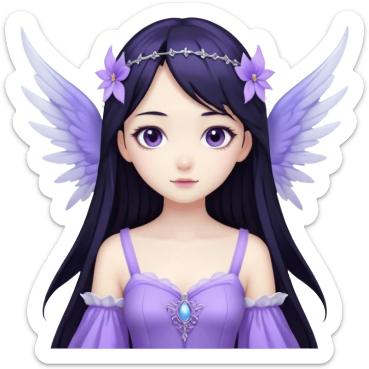 Gothic anime fairy with long beautiful black hair and violet dress, pastelcore, sticker