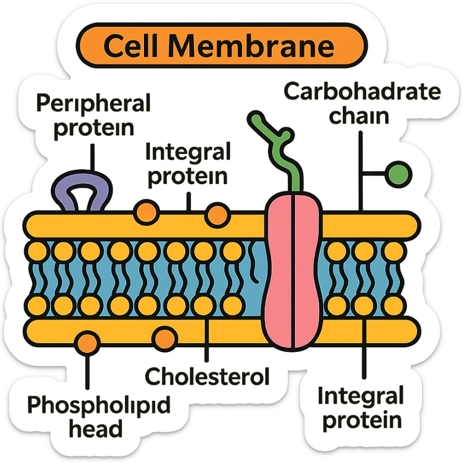 scientific diagram style detailed illustration of cell membrane structure showing all major components with labels and clean textbook-like appearance sticker