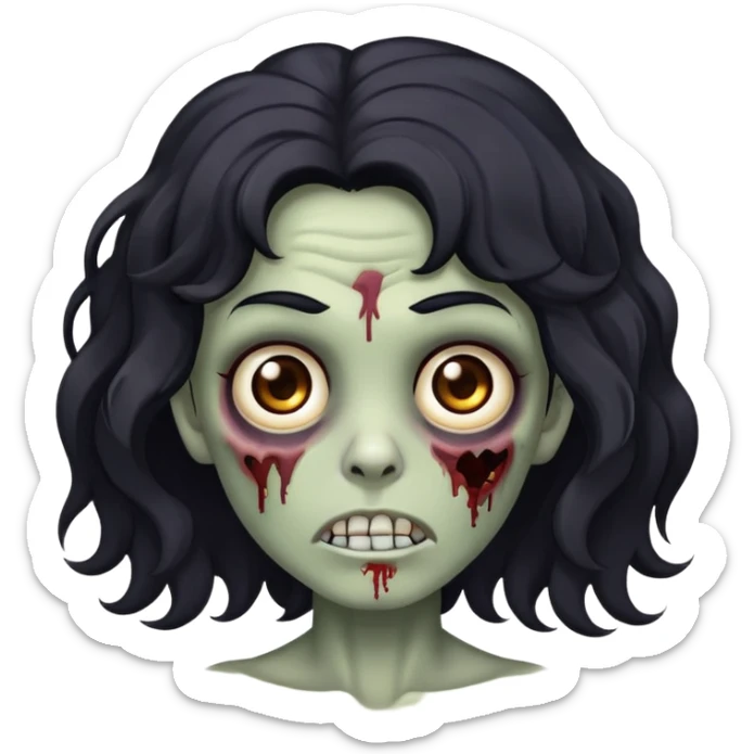 Um zumbi de cabelo preto ondulado grande e olhos castanhos sem olheiras e bonitinho com pequenas marcas no rosto sticker