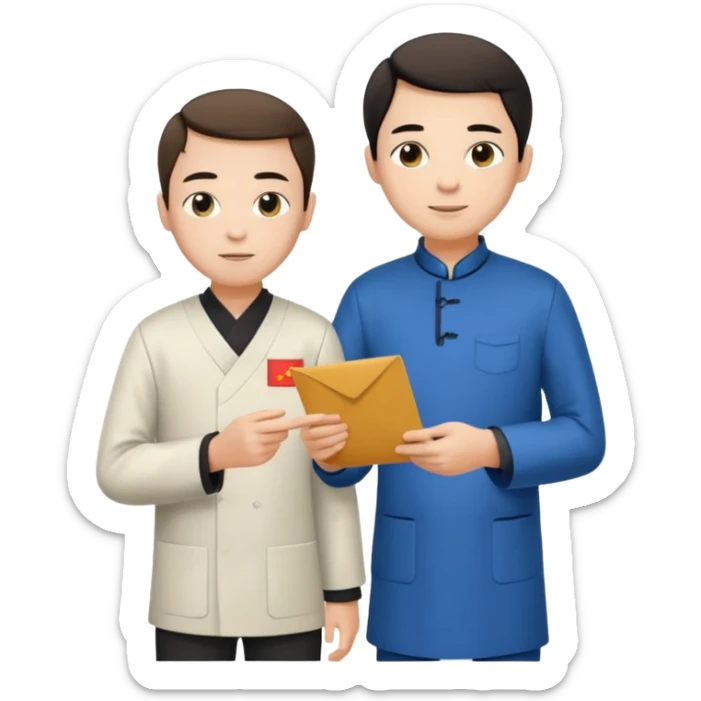 a young student with morden T-shirt handing letter to a old man official with chinese tunic suit sticker