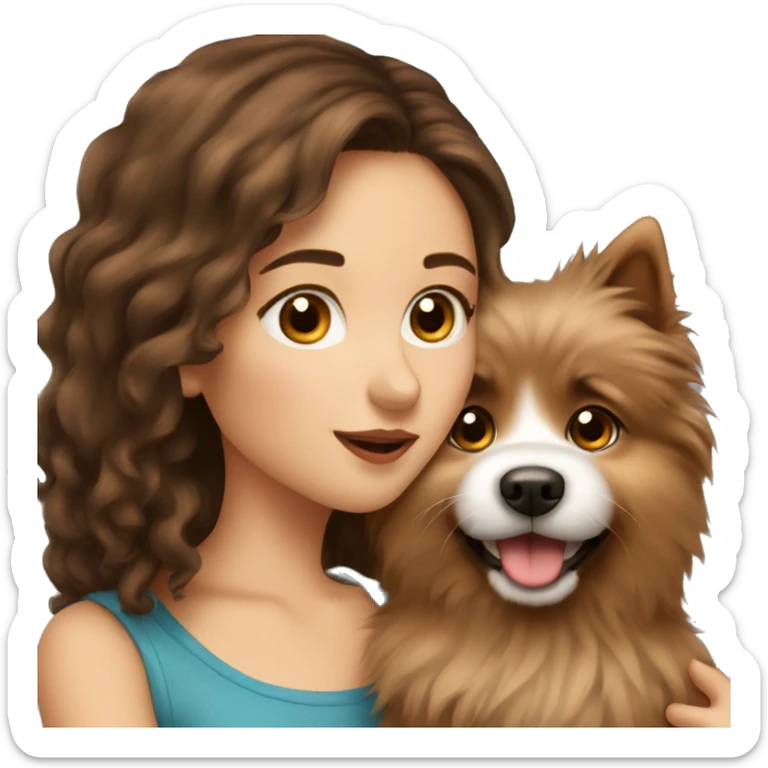 beautiful girl with brown hair kissing her fluffy spitz dog sticker