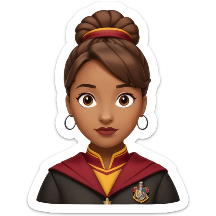 Angelina Johnson in harry potter, wear hogwarts gryfindor uniform,  thick, brown knot bun hair , reflecting her bold, stylish, and strong personality sticker