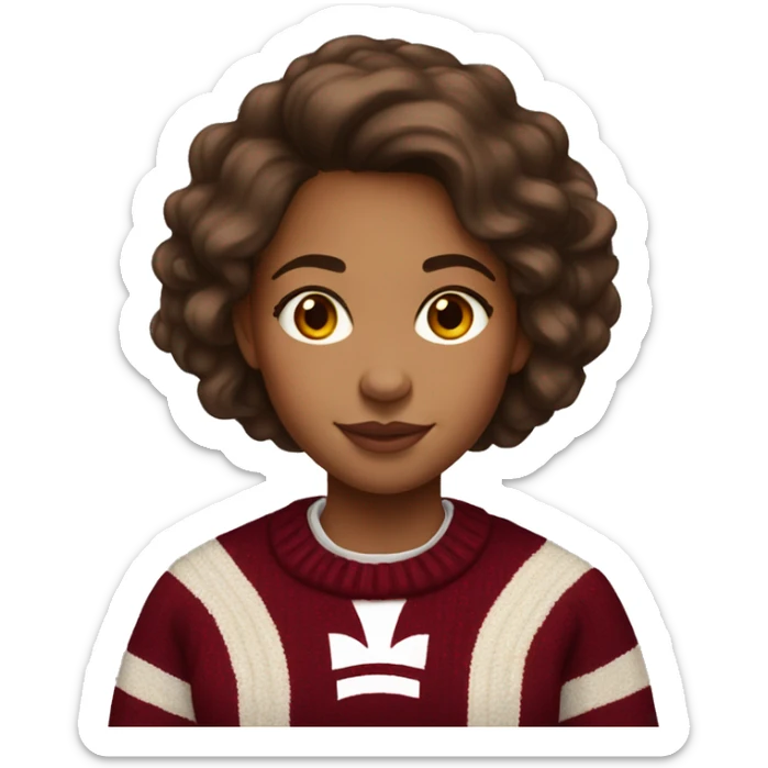 Girl with light tan skin and brown hair wearing a dark red and white Harvard University sweater sticker