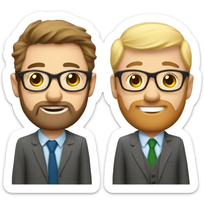 Two white male teachers celebrating, one teacher is skinny and the other is chubby with a brown beard and glasses sticker